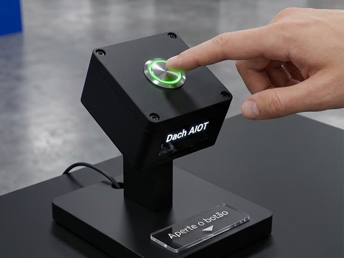 Botoeira Inteligente Wi-Fi da Dach AIOT em suporte de mesa: botão metálico com anel de LED verde aceso sendo pressionado, em gabinete compacto com display